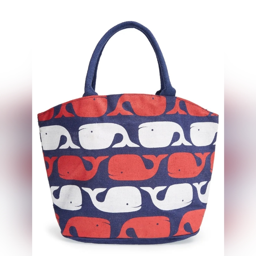 Mudpie Whale Red, White and Blue Jute Beach Tote Bag